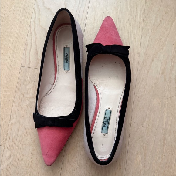 Prada Shoes - EUC PRADA Pink Suede Color Block Pointed Flats with Black Trim and Bow Size 38